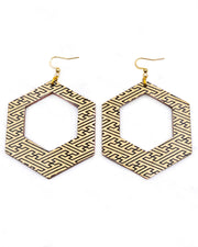 X-Large wooden hollow hexagon shaped earrings featuring a black sayagata design on a metallic gold background.
