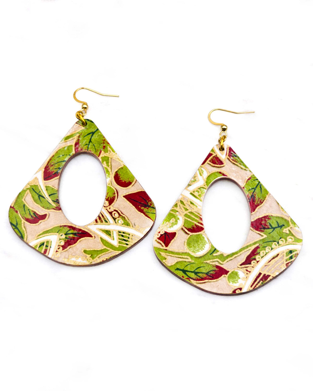 X-Large wooden hollow rounded triangle shaped earrings featuring green leaves with red tips and white swirls on a brown background with metallic gold details.