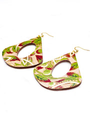 X-Large wooden hollow rounded triangle shaped earrings featuring green leaves with red tips and white swirls on a brown background with metallic gold details.