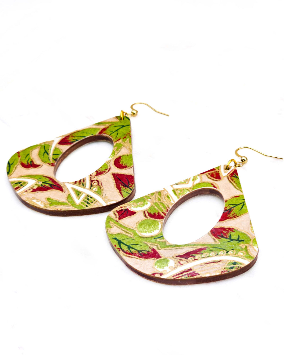 X-Large wooden hollow rounded triangle shaped earrings featuring green leaves with red tips and white swirls on a brown background with metallic gold details.
