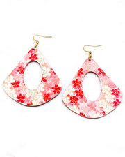 X-Large wooden hollow rounded triangle shaped earrings featuring pink and white cherry blossoms with metallic gold details.
