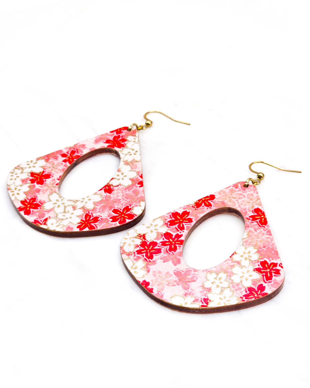 X-Large wooden hollow rounded triangle shaped earrings featuring pink and white cherry blossoms with metallic gold details.