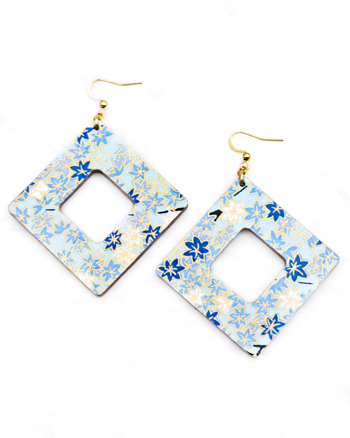 X-Large wooden hollow square diamond shaped earrings featuring small blue and white momiji (maple leaves) on a light blue background with metallic gold details.