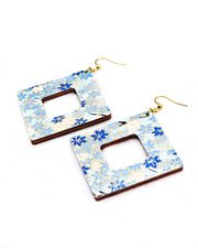 X-Large wooden hollow square diamond shaped earrings featuring small blue and white momiji (maple leaves) on a light blue background with metallic gold details.