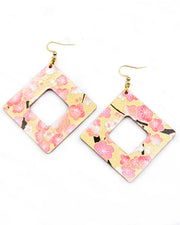 X-Large wooden hollow square diamond shaped earrings featuring pink and white plum blossoms with dark brown branches on a metallic gold background.