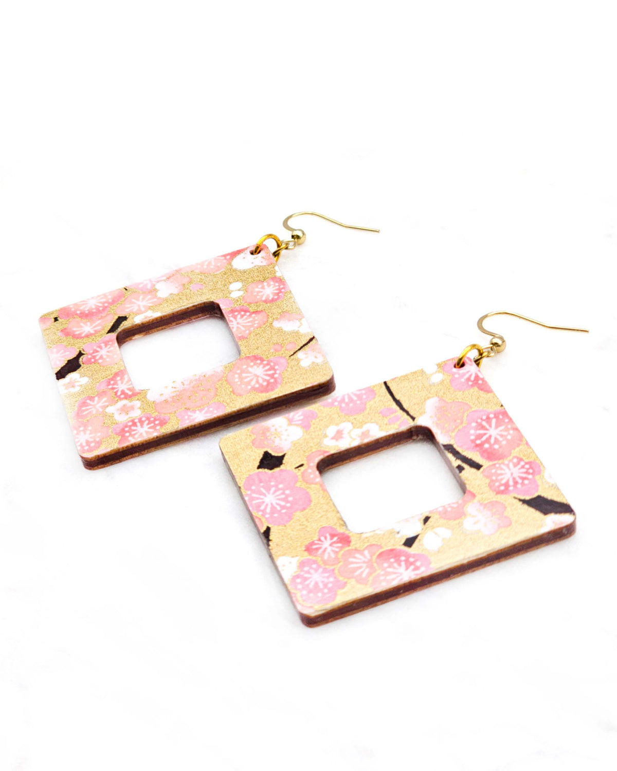 X-Large wooden hollow square diamond shaped earrings featuring pink and white plum blossoms with dark brown branches on a metallic gold background.