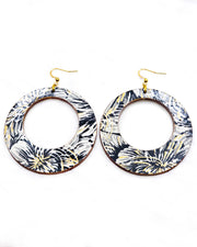X-Large wooden round hoop shaped earrings featuring large black and gray chrysanthemums on a black background with metallic gold details.
