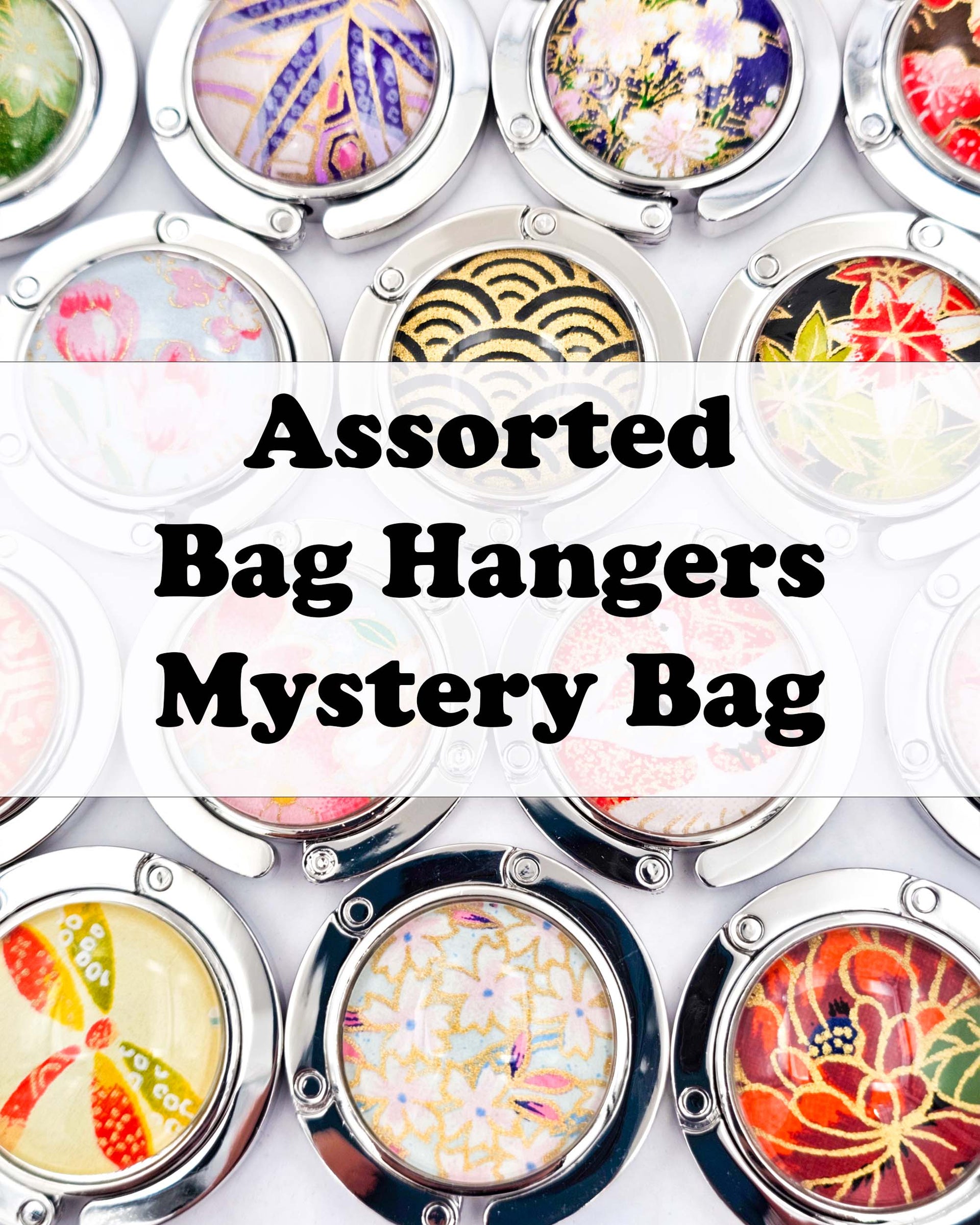 An assortment of silver metal table-top bag hangers