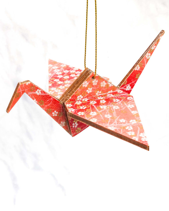 Wooden Origami Crane - White & Gold Cherry Blossoms on Red