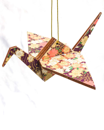 Wooden Origami Crane - Pink & Cream Cherry Blossoms on Purple