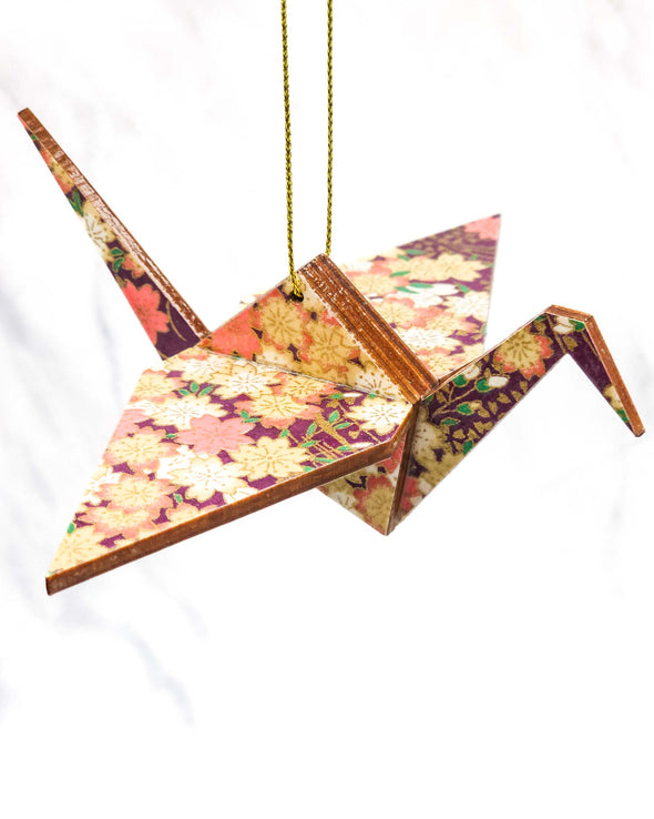 Wooden Origami Crane - Pink & Cream Cherry Blossoms on Purple