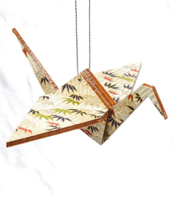 Wooden Origami Crane - Silver Bamboo on Cream