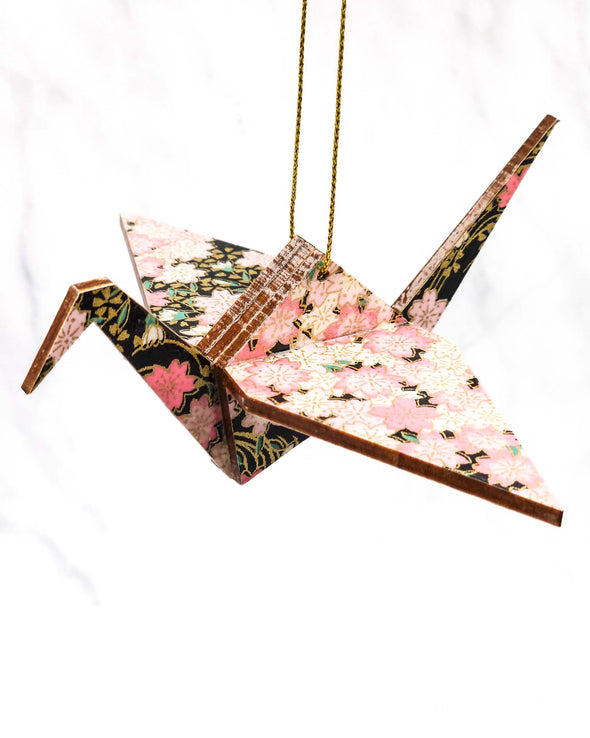 Wooden Origami Crane - Pink Cherry Blossoms on Black