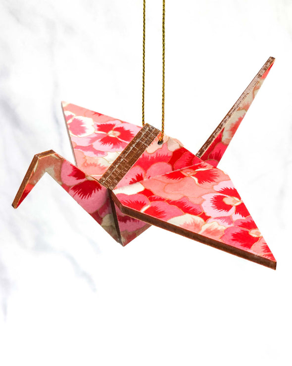 Wooden Origami Crane - Pink & White Pansies