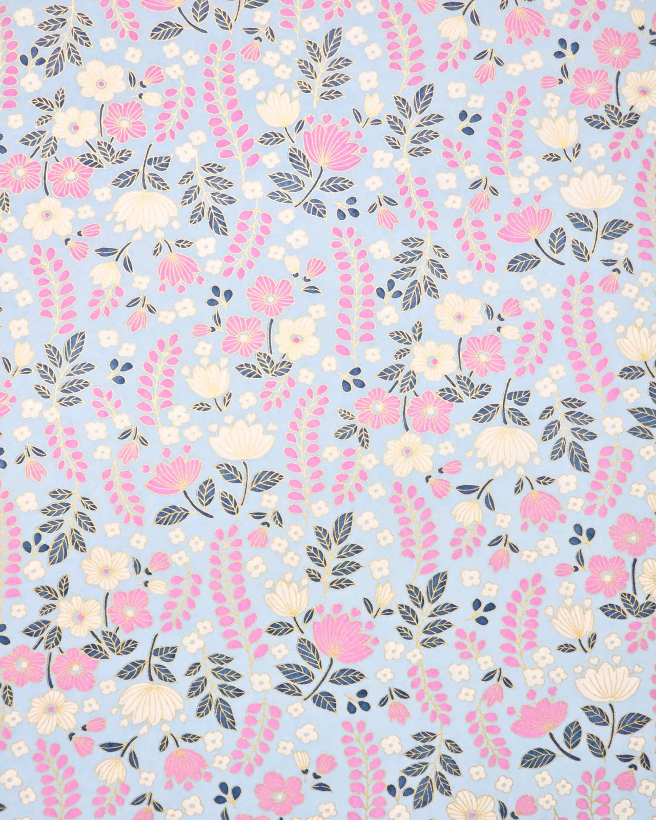 Japanese chiyogami paper featuring pink and white flowers with blue leaves and pink wisteria on a light blue background with metallic gold details.