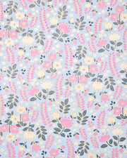 Japanese chiyogami paper featuring pink and white flowers with blue leaves and pink wisteria on a light blue background with metallic gold details.