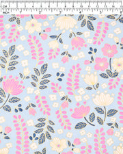 Japanese chiyogami paper featuring pink and white flowers with blue leaves and pink wisteria on a light blue background with metallic gold details.