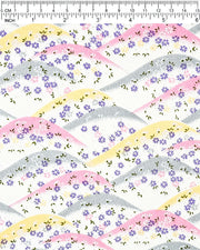 Japanese chiyogami paper featuring pink, gray, and gold hills with purple, pink, and white cherry blossoms on a white background with metallic gold details