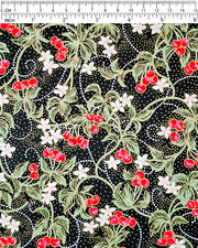 Japanese chiyogami paper featuring red cherries with white flowers and green leaves on a black background with metallic gold details.