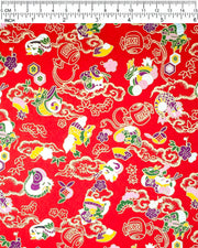 Japanese chiyogami paper featuring assorted white, purple, green, and yellow dragons on a red background with metallic gold details.