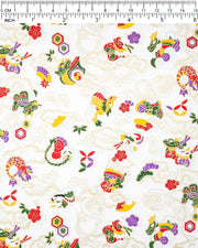 Japanese chiyogami paper featuring assorted white, purple, green, red, and yellow dragons on a shimmering pearlescent white background with metallic gold details.