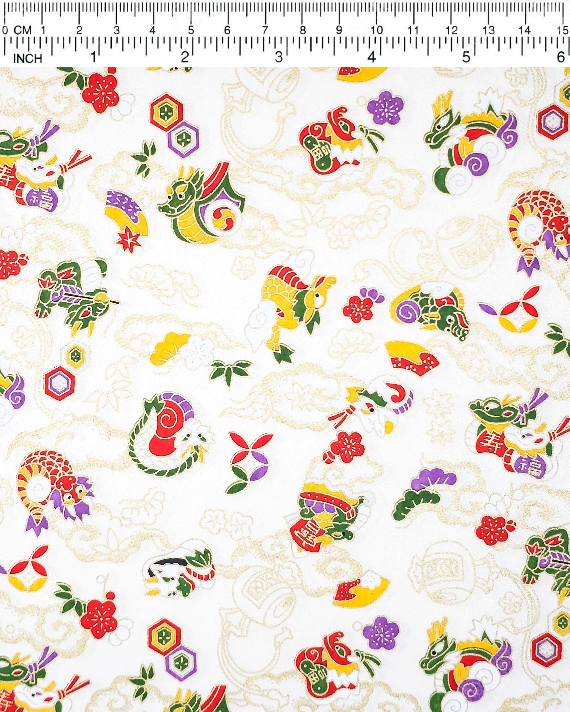 Japanese chiyogami paper featuring assorted white, purple, green, red, and yellow dragons on a shimmering pearlescent white background with metallic gold details.