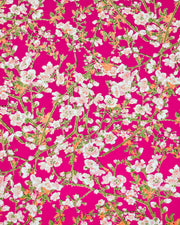 Japanese chiyogami paper featuring pink and white detailed plum blossoms with brown branches and green leaves on a magenta pink background with metallic gold details.