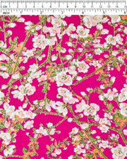 Japanese chiyogami paper featuring pink and white detailed plum blossoms with brown branches and green leaves on a magenta pink background with metallic gold details.