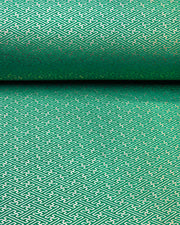 Japanese chiyogami paper featuring a small metallic gold traditional Japanese sayagata design on a green background.