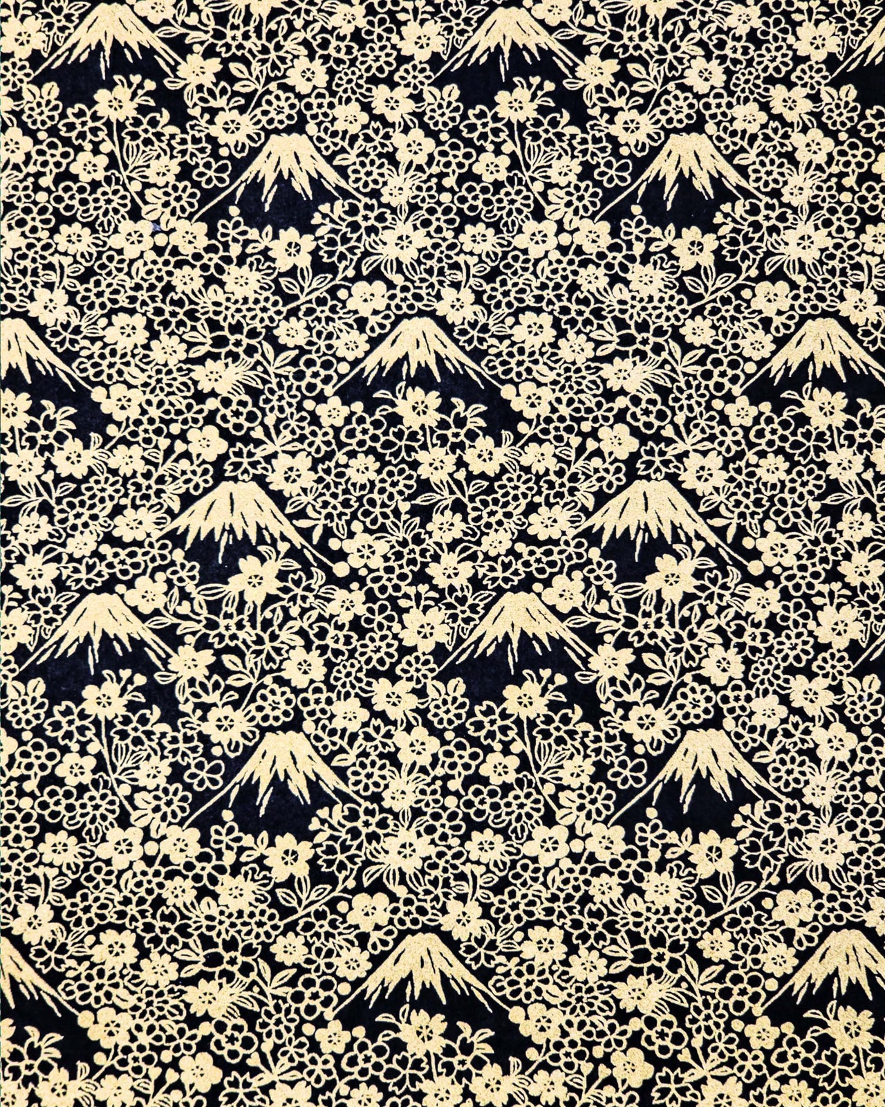 Japanese chiyogami paper featuring metallic gold Mt Fuji and cherry blossoms on a black background.