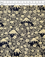 Japanese chiyogami paper featuring metallic gold Mt Fuji and cherry blossoms on a black background.