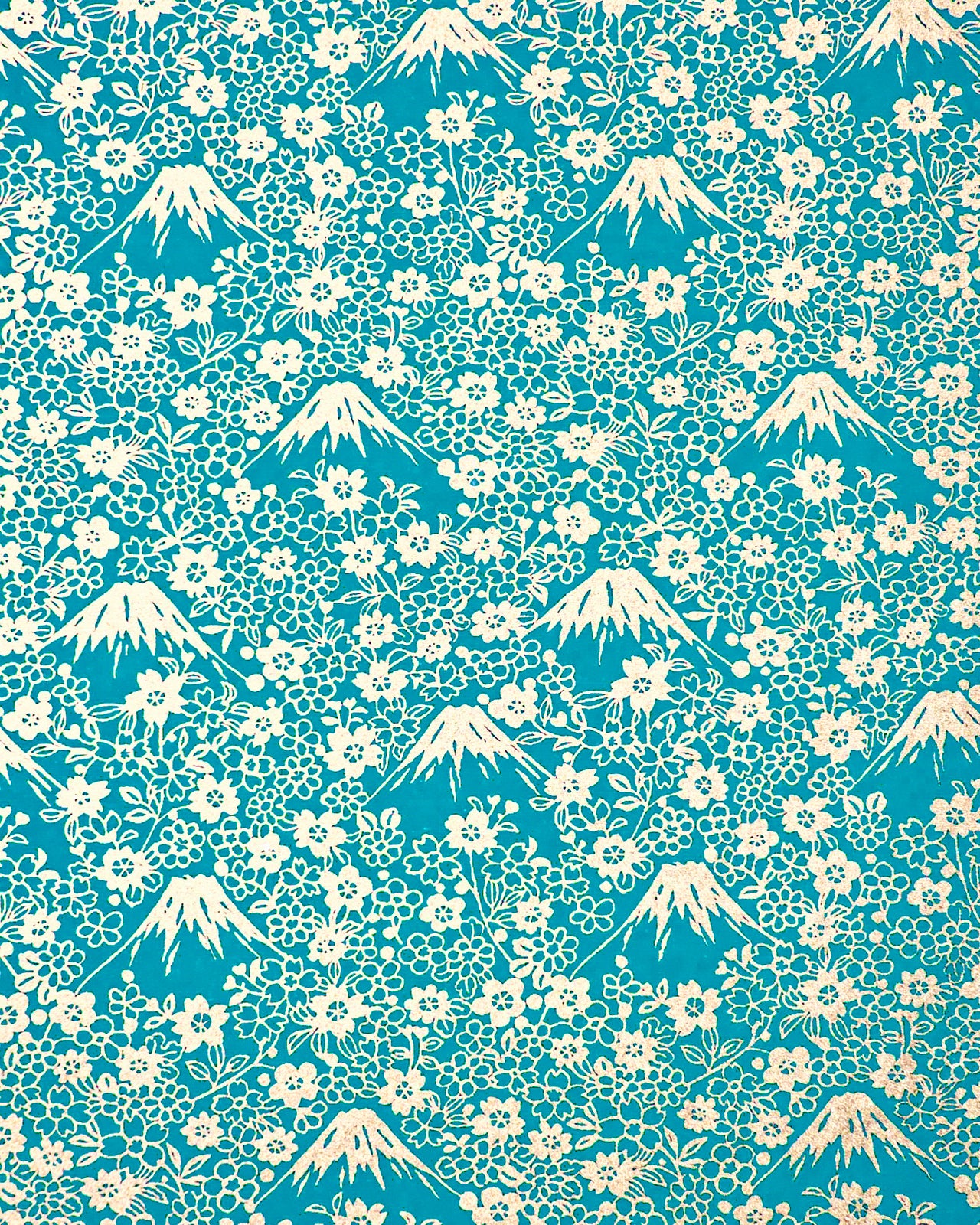 Japanese chiyogami paper featuring metallic gold Mt Fuji and cherry blossoms on a teal blue background.
