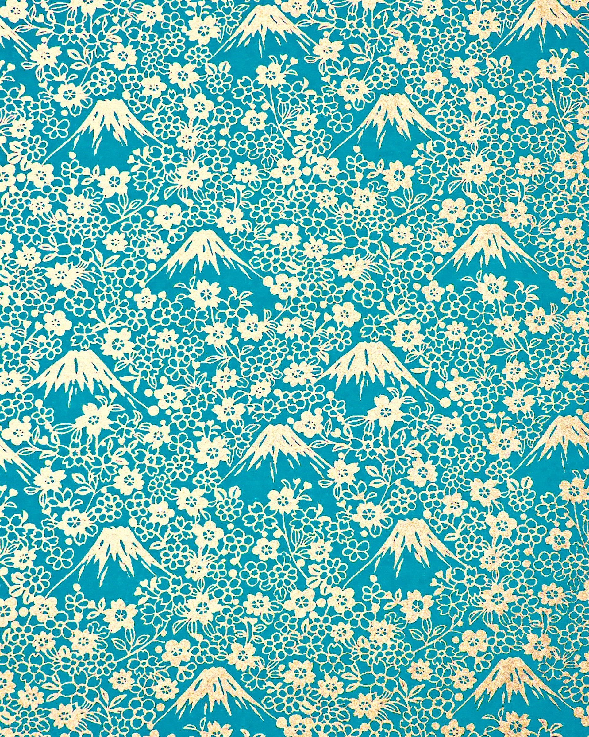 Japanese chiyogami paper featuring metallic gold Mt Fuji and cherry blossoms on a teal blue background.