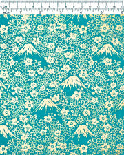 Japanese chiyogami paper featuring metallic gold Mt Fuji and cherry blossoms on a teal blue background.