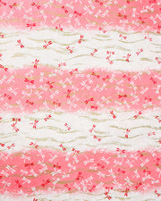 Japanese chiyogami paper featuring pink and white dragonflies on a pearlescent pink and white striped background with metallic gold wavy lines.