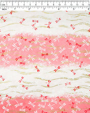 Japanese chiyogami paper featuring pink and white dragonflies on a pearlescent pink and white striped background with metallic gold wavy lines.