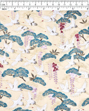 Japanese chiyogami paper featuring white flying cranes, purple and red wisteria, and green pine on a light shimmering gold background with metallic gold details.