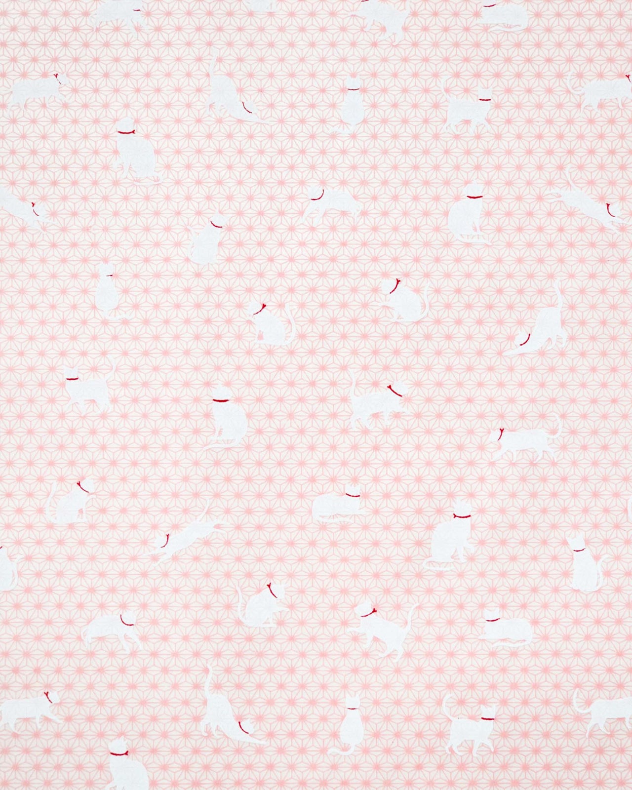 Japanese chiyogami paper featuring assorted white cats with red collars on a light pink asanoha (hemp leaf) background.