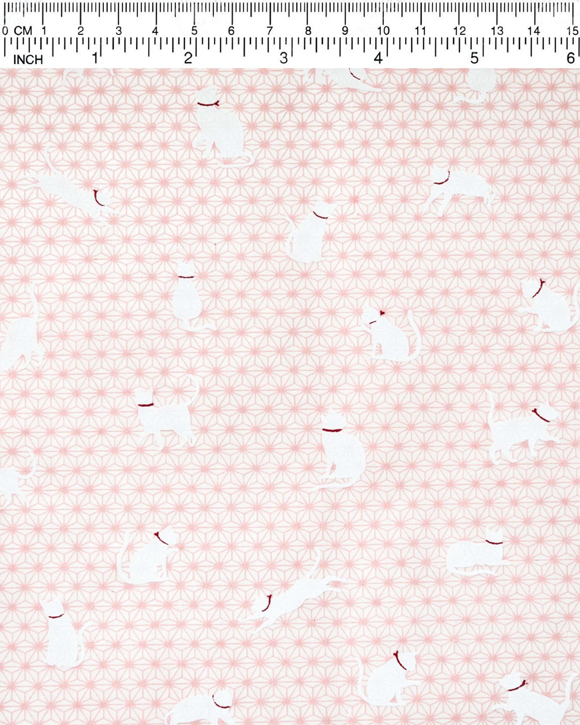 Japanese chiyogami paper featuring assorted white cats with red collars on a light pink asanoha (hemp leaf) background.