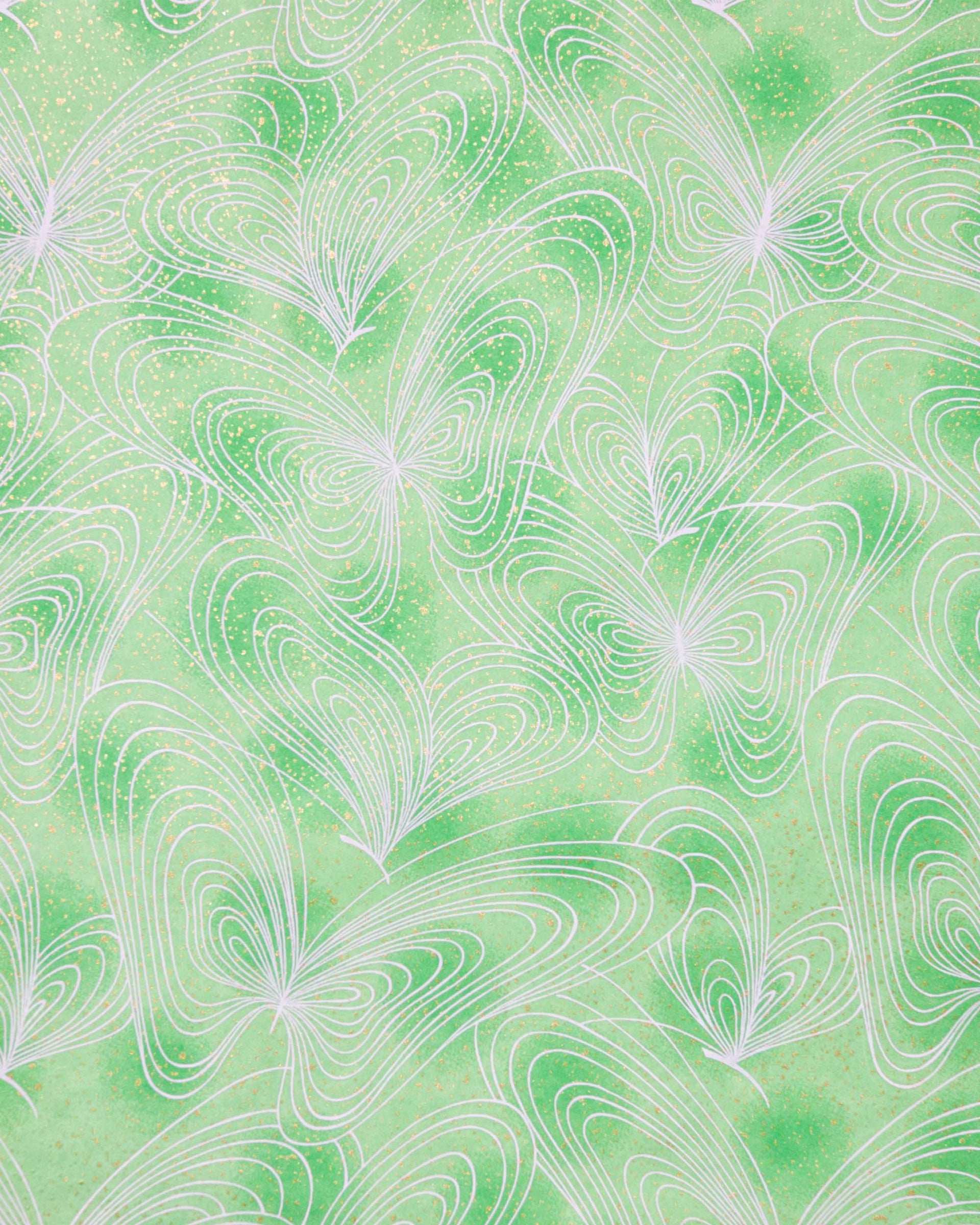 Japanese chiyogami paper featuring white butterfly outlines on a green background with metallic gold details.