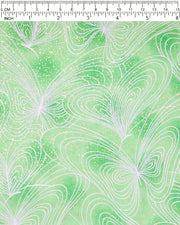 Japanese chiyogami paper featuring white butterfly outlines on a green background with metallic gold details.