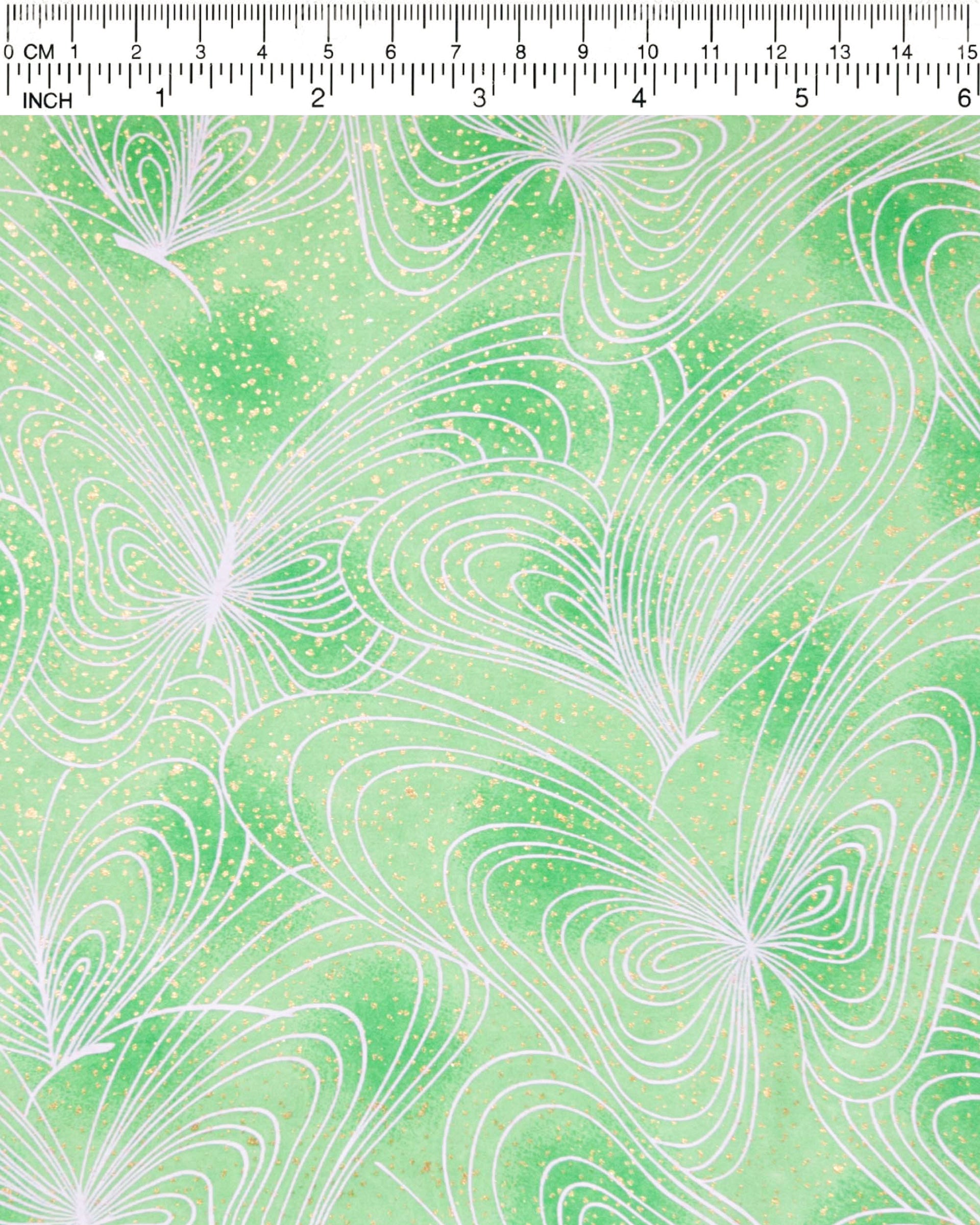 Japanese chiyogami paper featuring white butterfly outlines on a green background with metallic gold details.