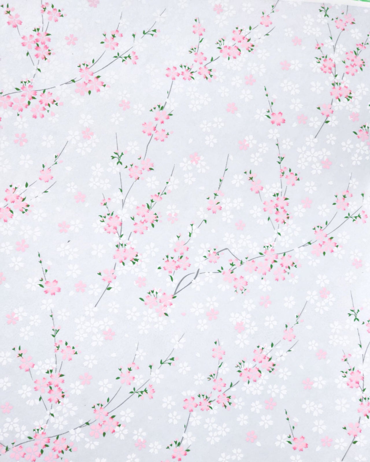 Japanese chiyogami paper featuring pink and white cherry blossoms on a pearlescent pale blue gray background.