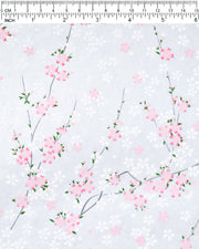 Japanese chiyogami paper featuring pink and white cherry blossoms on a pearlescent pale blue gray background.