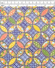 Japanese chiyogami paper featuring an orange, yellow, and green shippo design filled with assorted floral and geometric designs on a dark blue background with metallic gold details. The centers of the shippos features assorted white floral outlines.