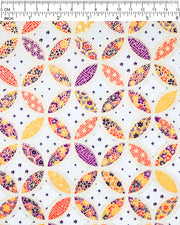 Japanese chiyogami paper featuring an orange, yellow, and purple shippo design filled with assorted floral and geometric designs on a light blue background with metallic gold details. The centers of the shippos features assorted white floral outlines.