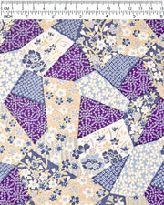 Japanese chiyogami paper featuring blue, beige, white, and purple patches embedded assorted geometric and floral designs with metallic gold details.