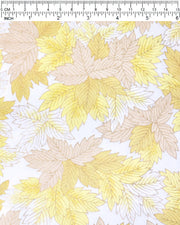 Japanese chiyogami paper featuring large yellow, beige, and white leaves on a pearlescent white background with metallic gold details.