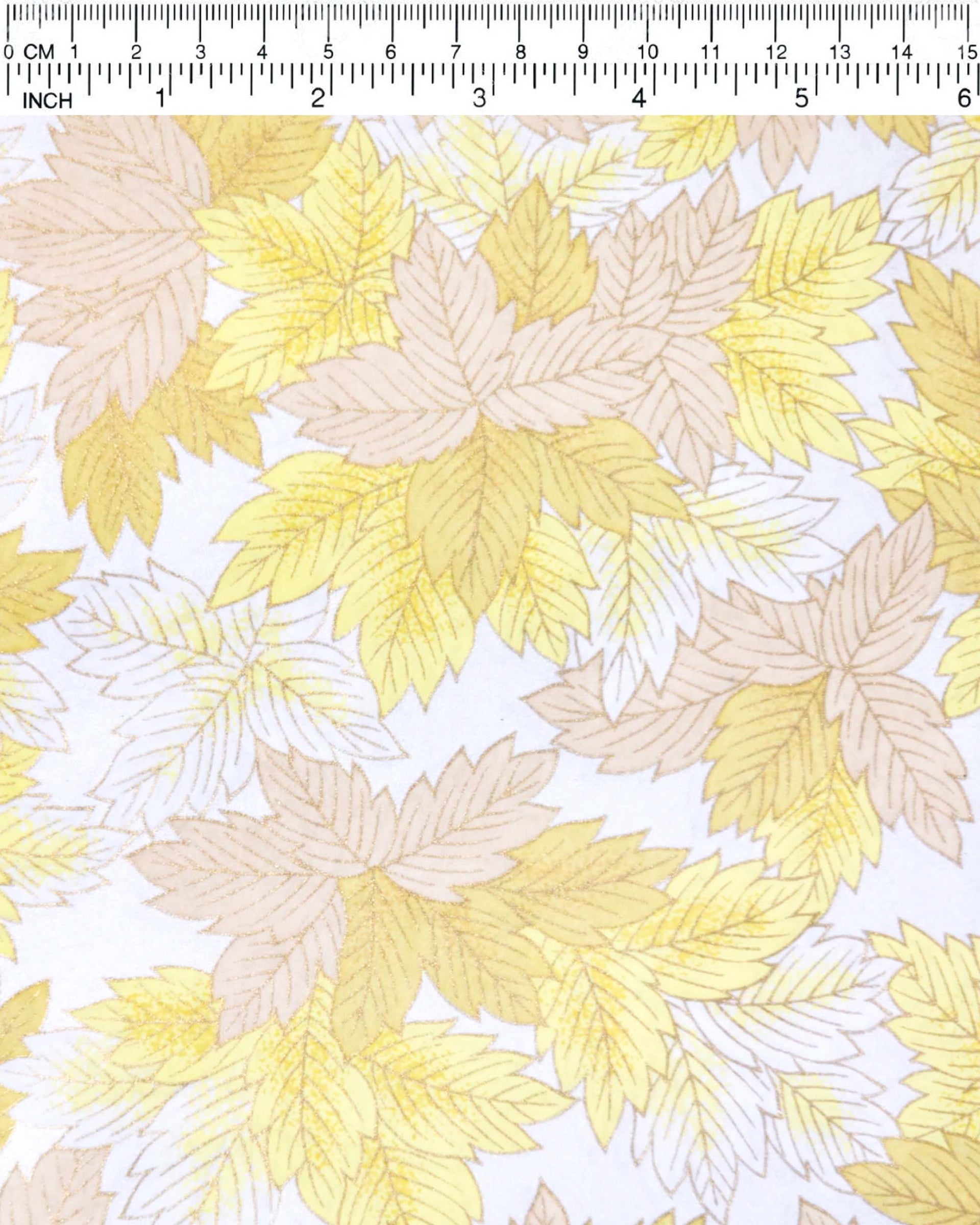 Japanese chiyogami paper featuring large yellow, beige, and white leaves on a pearlescent white background with metallic gold details.