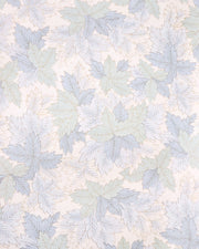 Japanese chiyogami paper featuring large blue, light mint green, and white leaves on a pearlescent white background with metallic gold details.